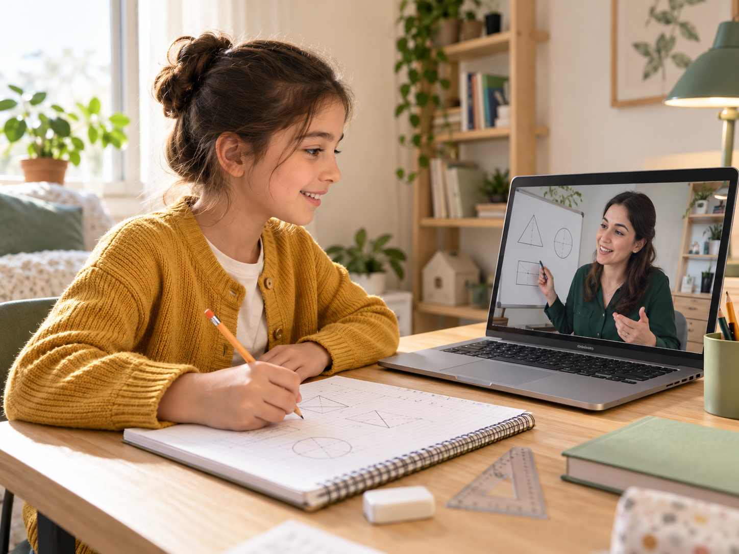 Online birebir ders yapan bir öğrenciyi ve ekrandaki öğretmenini gösteren, yapay zekâ ile oluşturulmuş temsili görsel